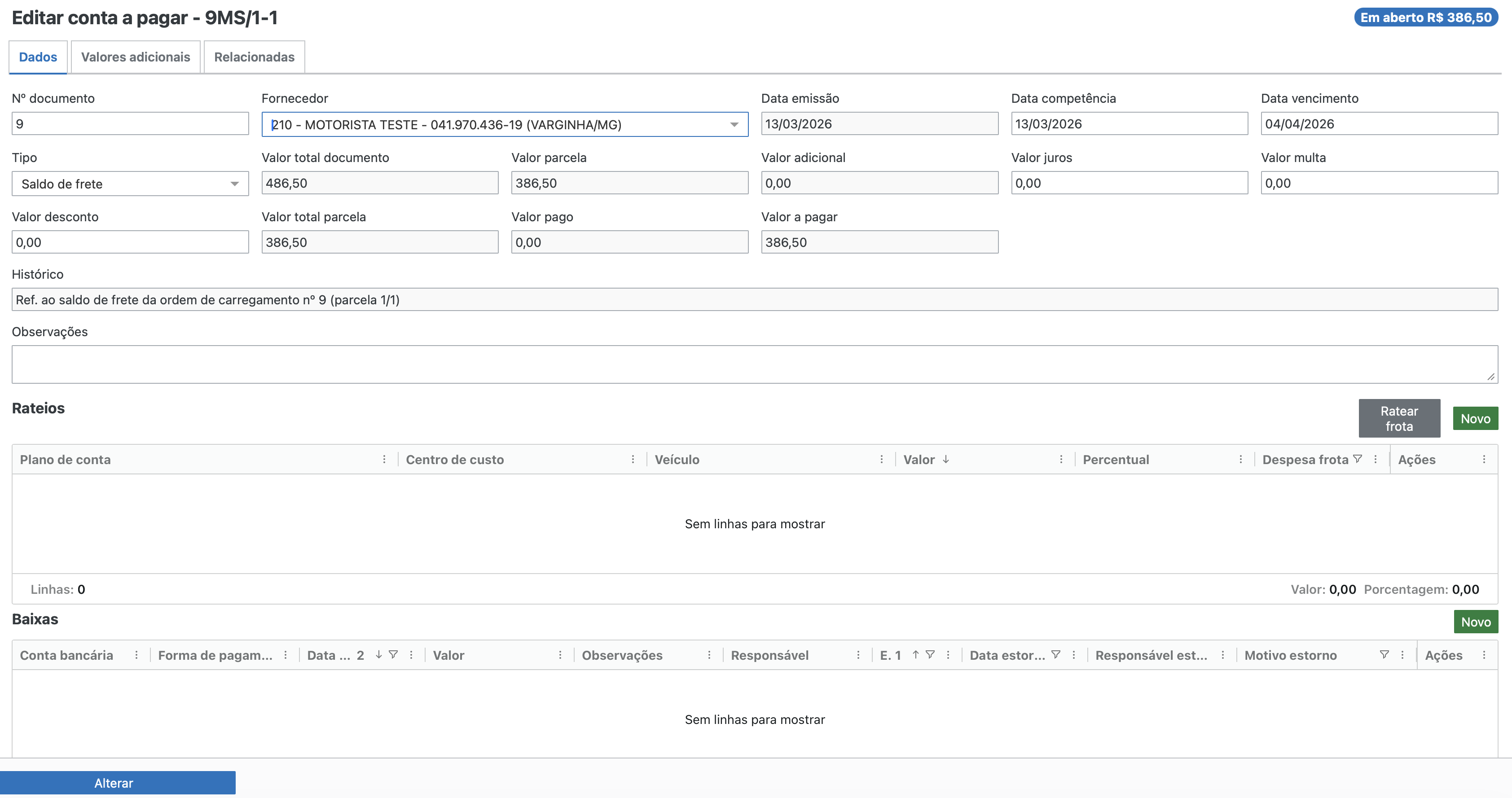 Tela do módulo financeiro