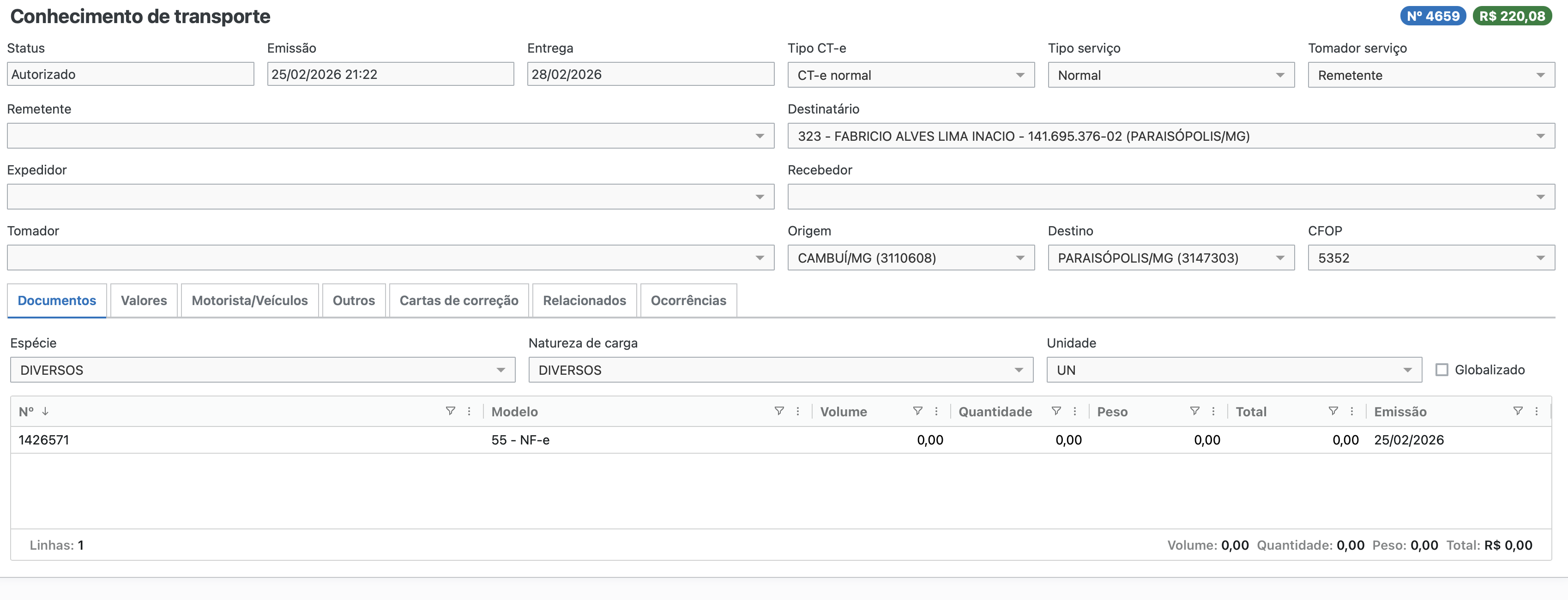 Tela do CT-e no módulo fiscal