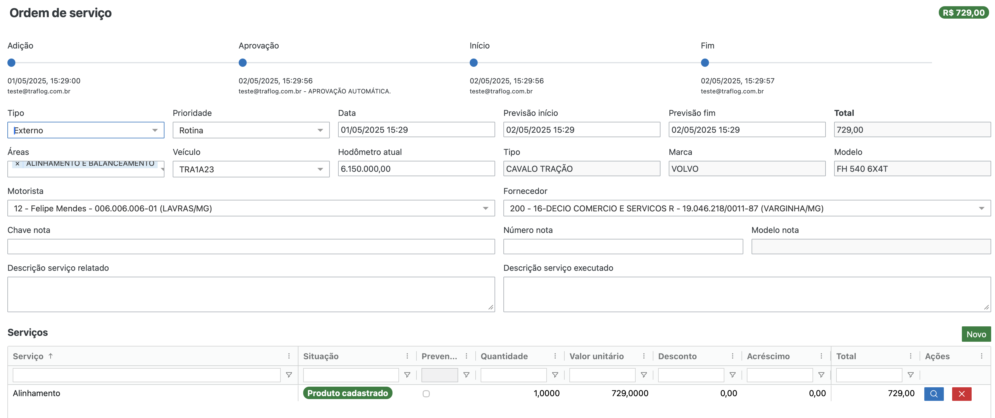 Tela de ordens de serviço da frota