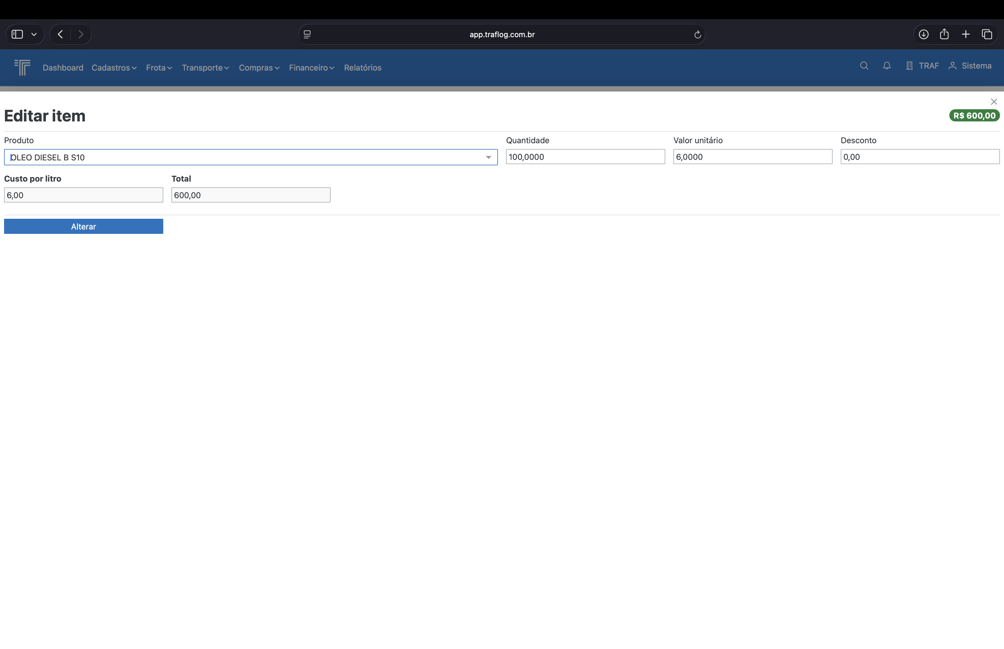 Edição do item do abastecimento.