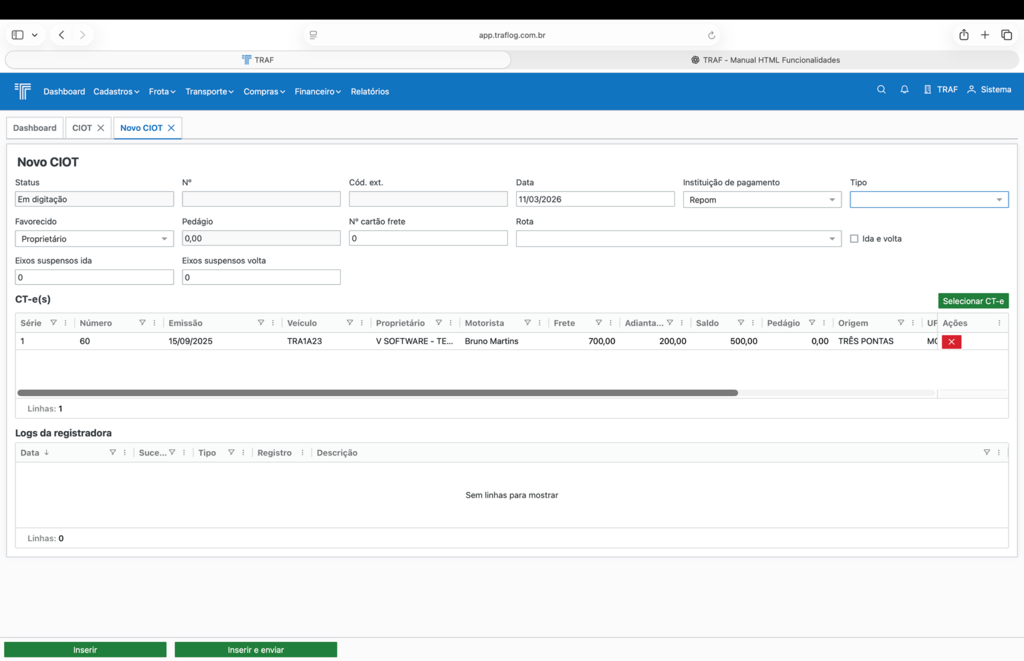 Cadastro de novo CIOT.