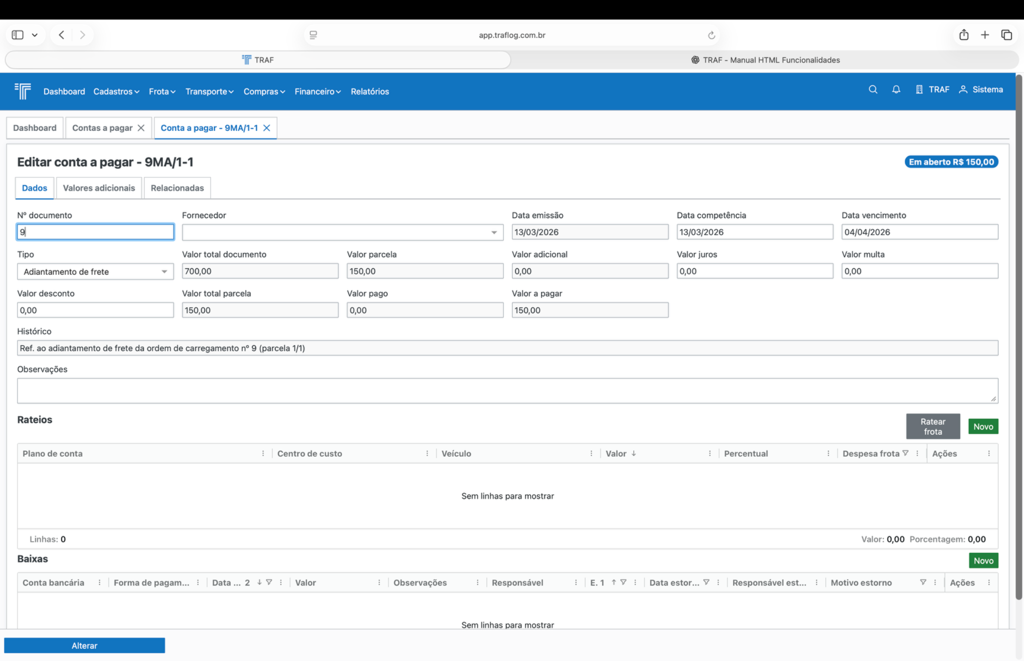 Tela de edição de conta a pagar.