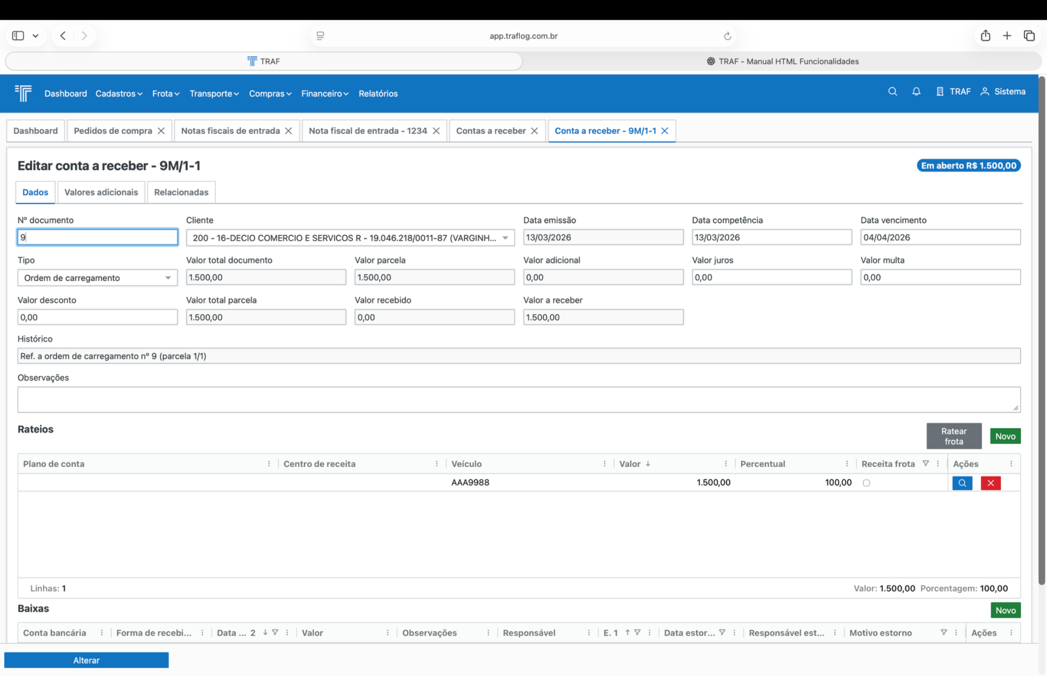 Tela de edição de conta a receber.