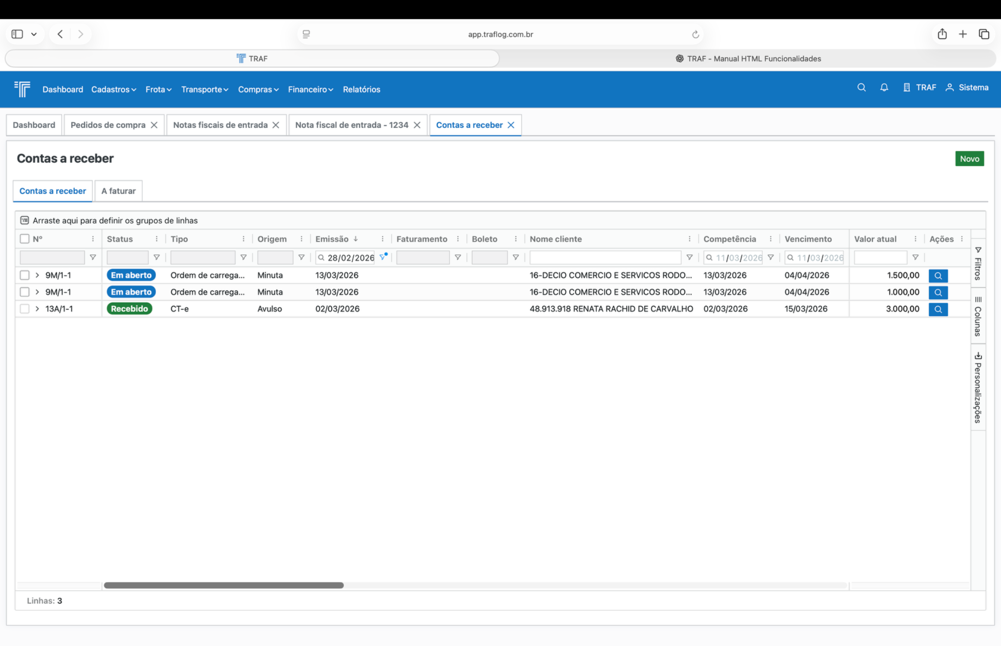 Listagem de contas a receber.