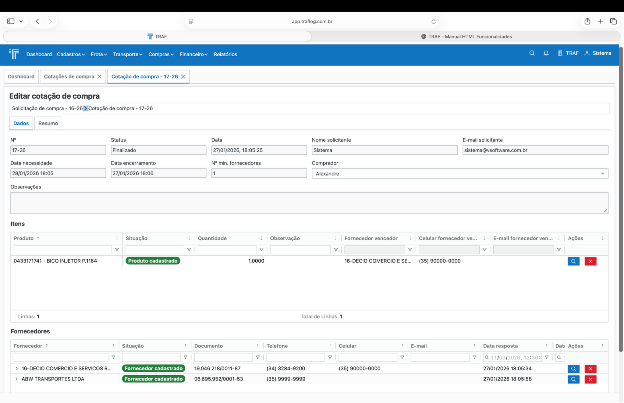 Detalhe da cotação de compra.