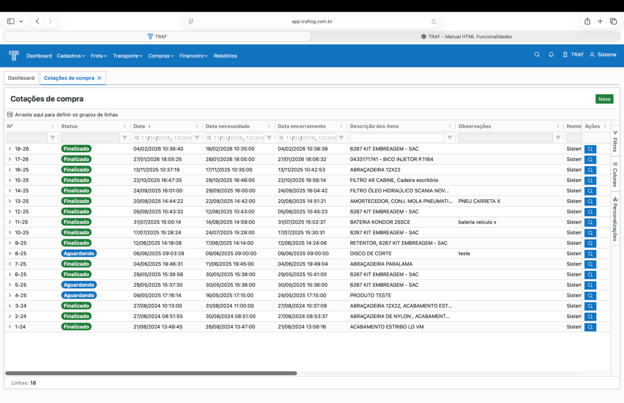 Listagem de cotações de compra.