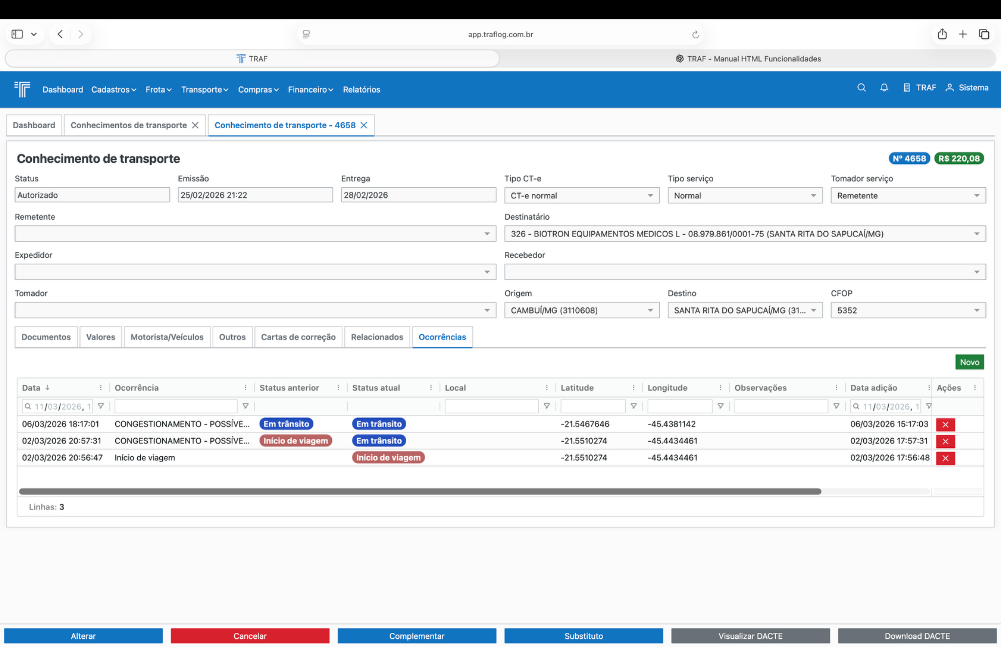 CT-e - aba Ocorrências.