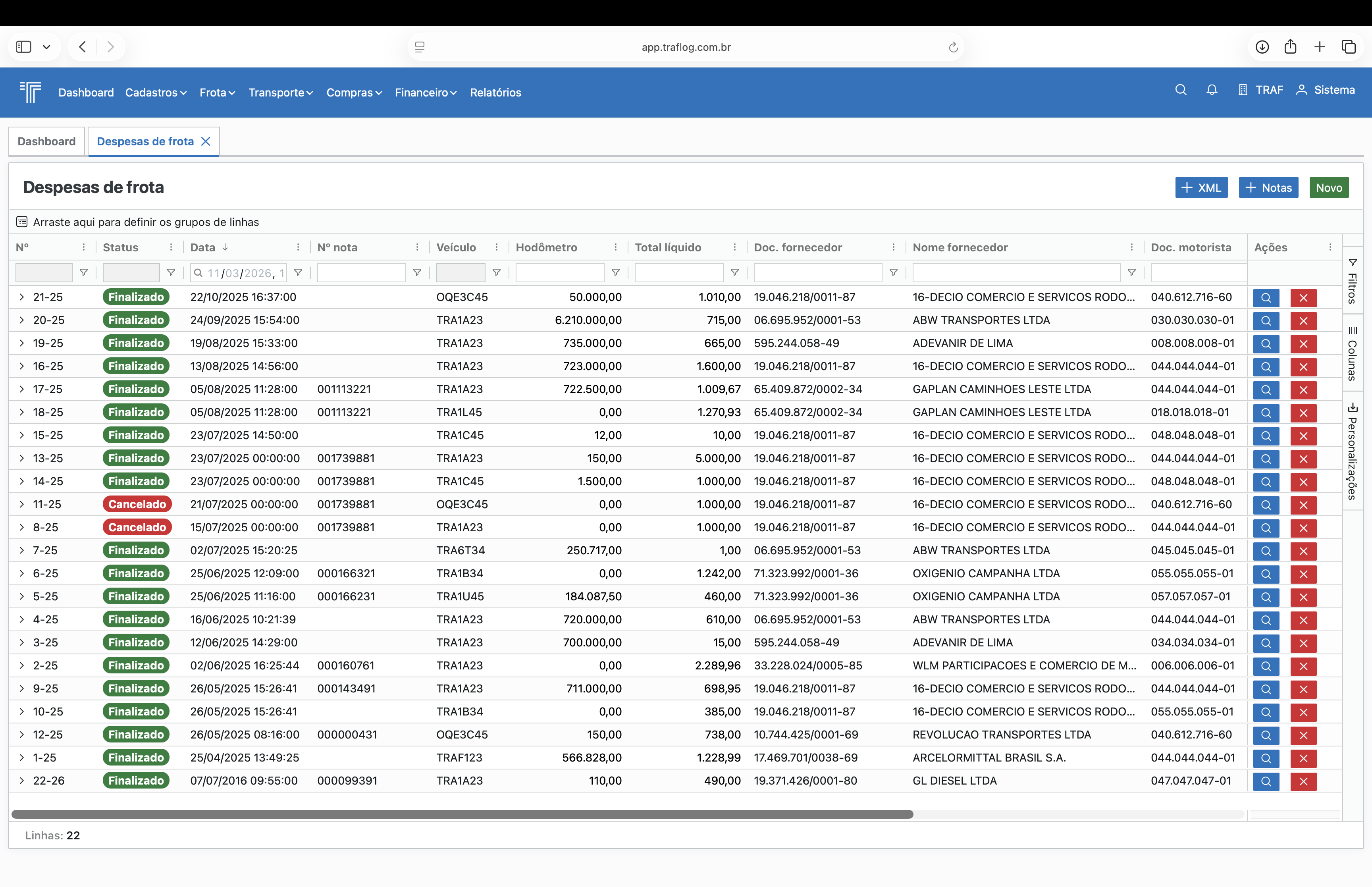 Listagem de despesas de frota.