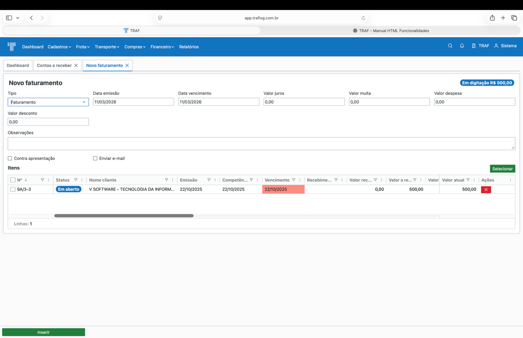Visualização da fatura.