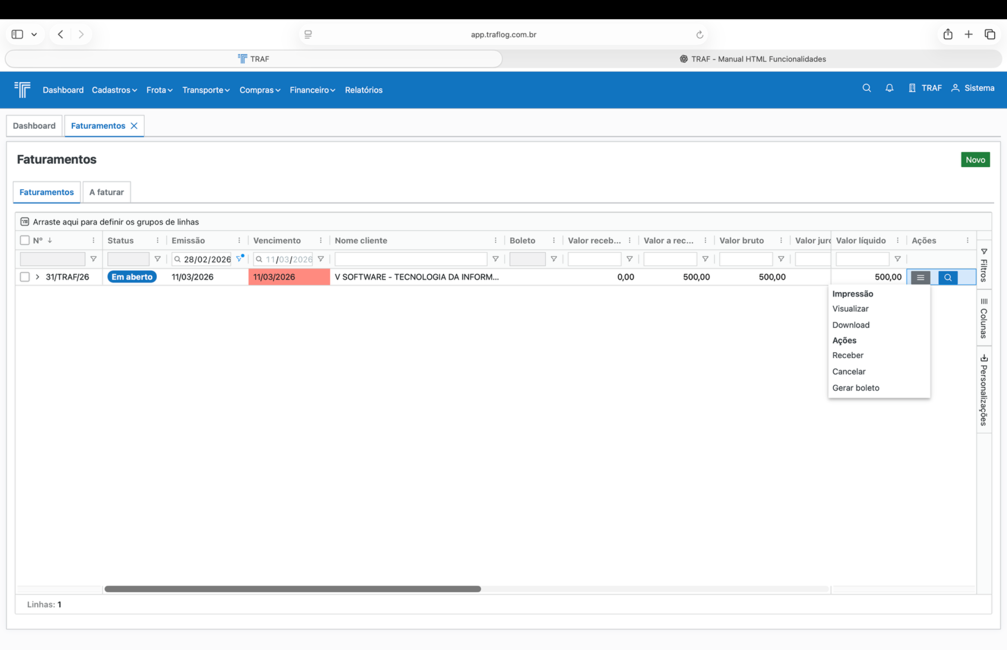 Listagem de faturamentos.
