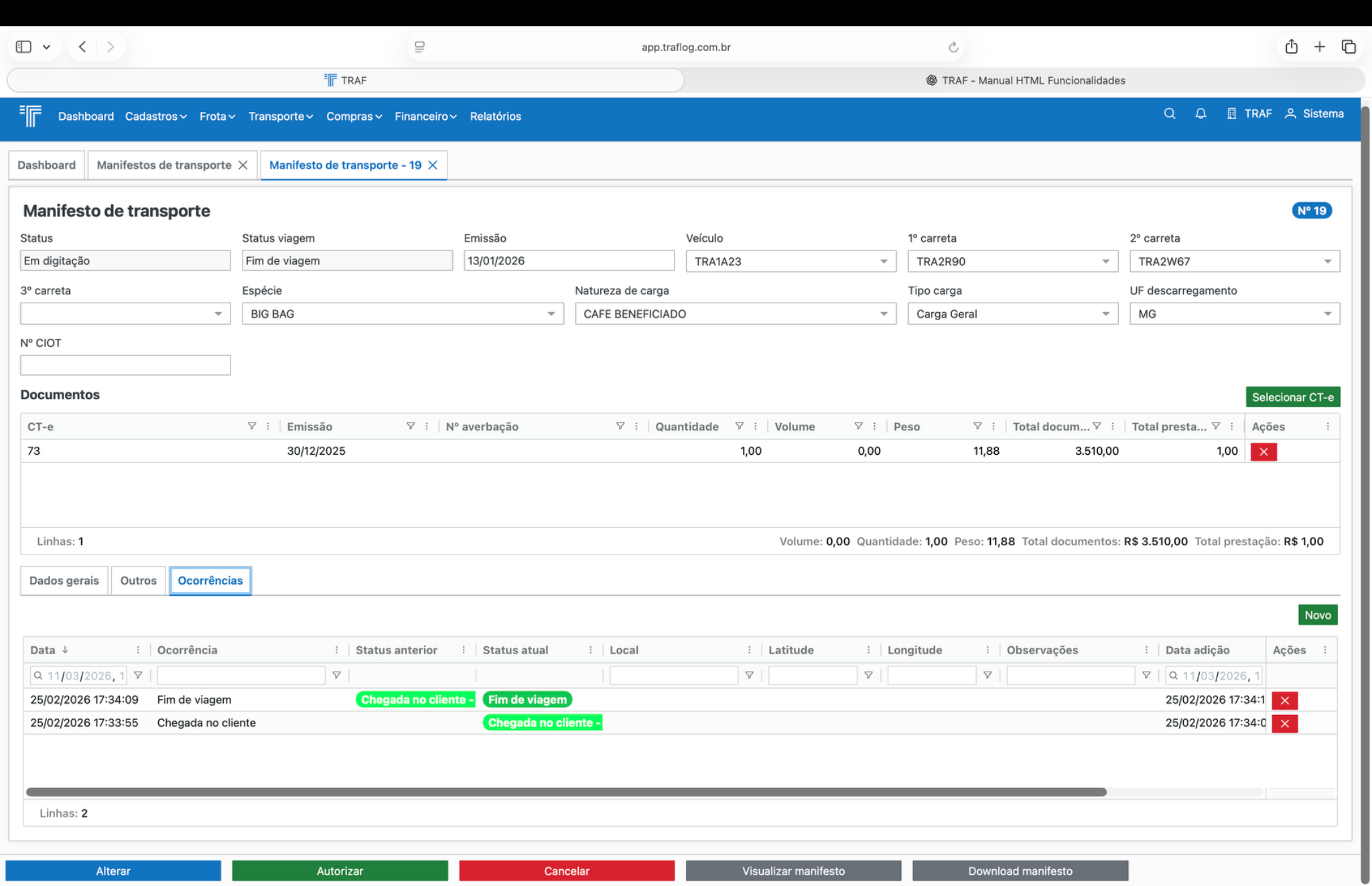 Manifesto - aba Ocorrências.