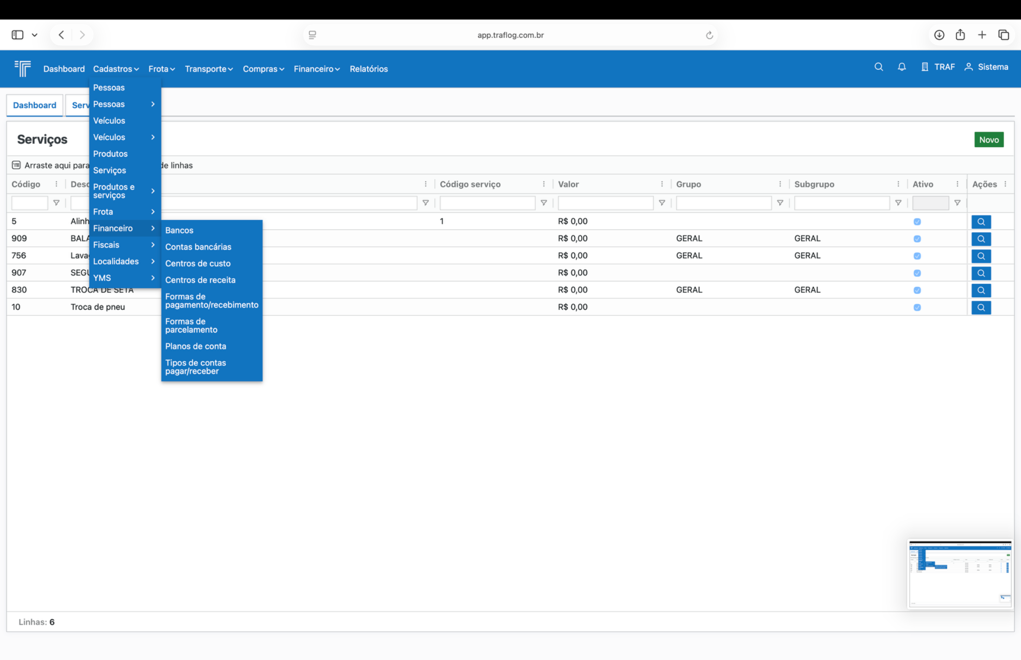 Submenu Financeiro.