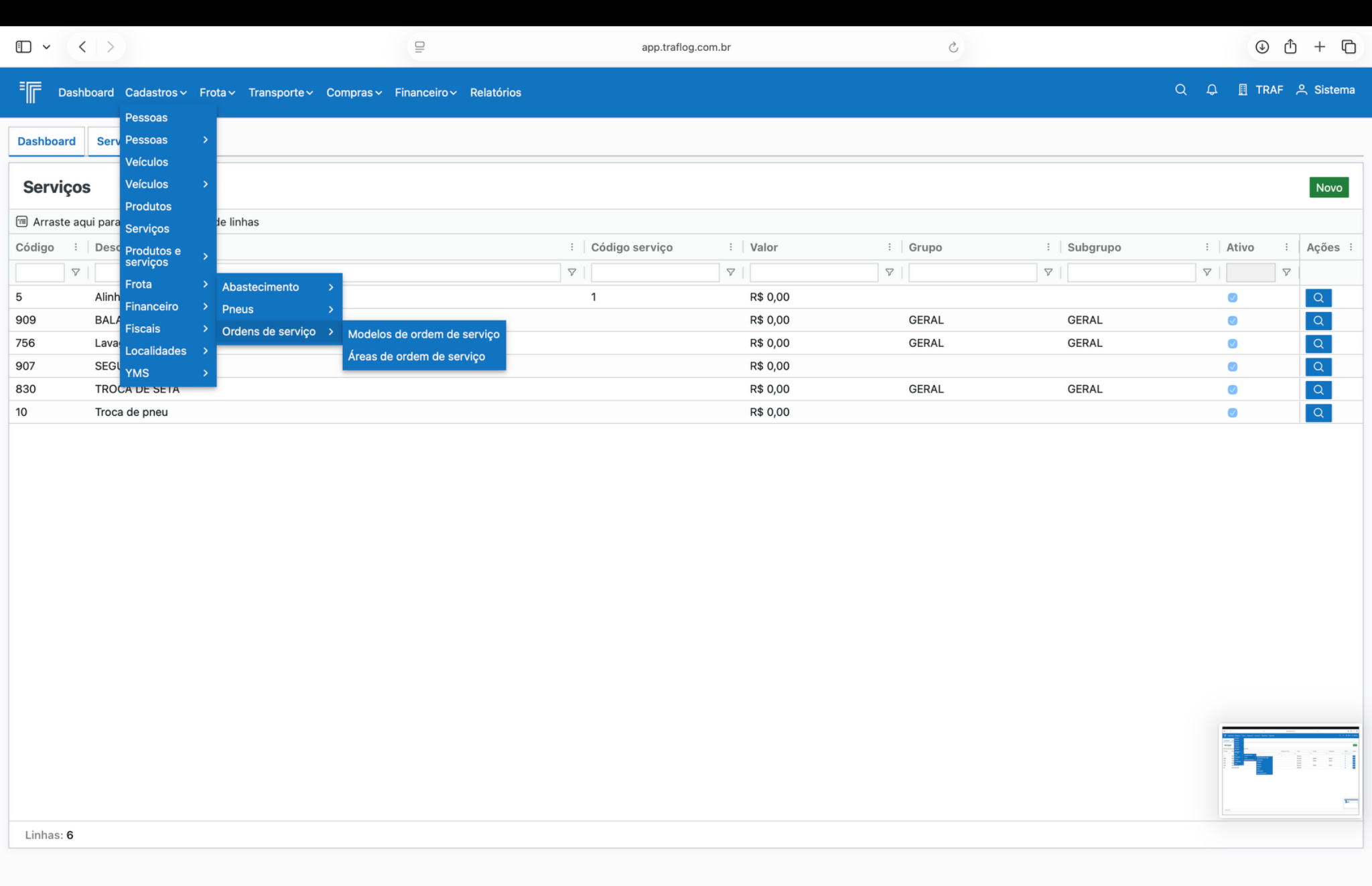 Submenu de cadastros auxiliares da Frota.