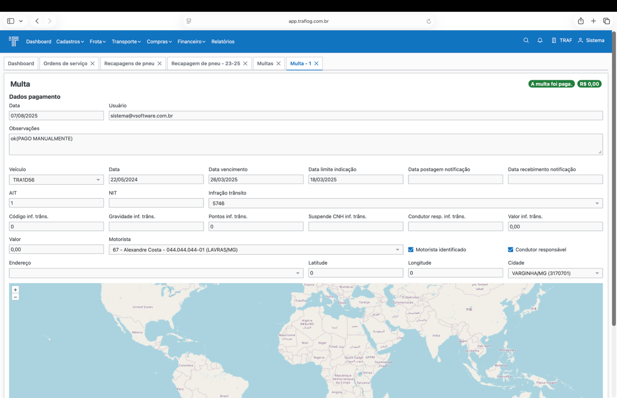 Detalhe da multa com dados da infração e mapa.