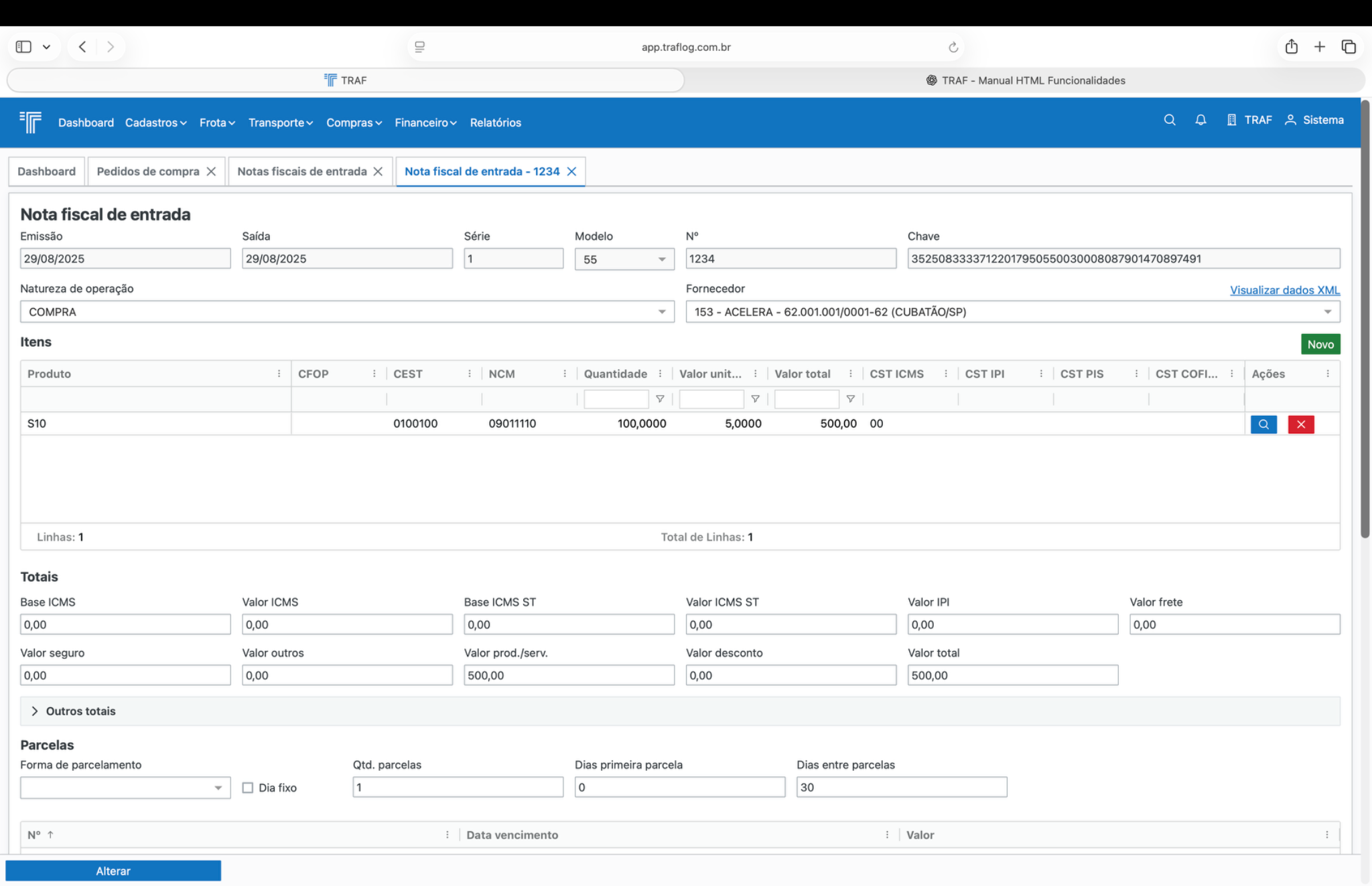 Detalhe da nota fiscal de entrada.