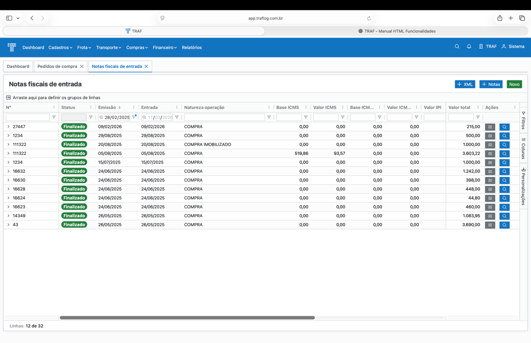 Listagem de notas fiscais de entrada.