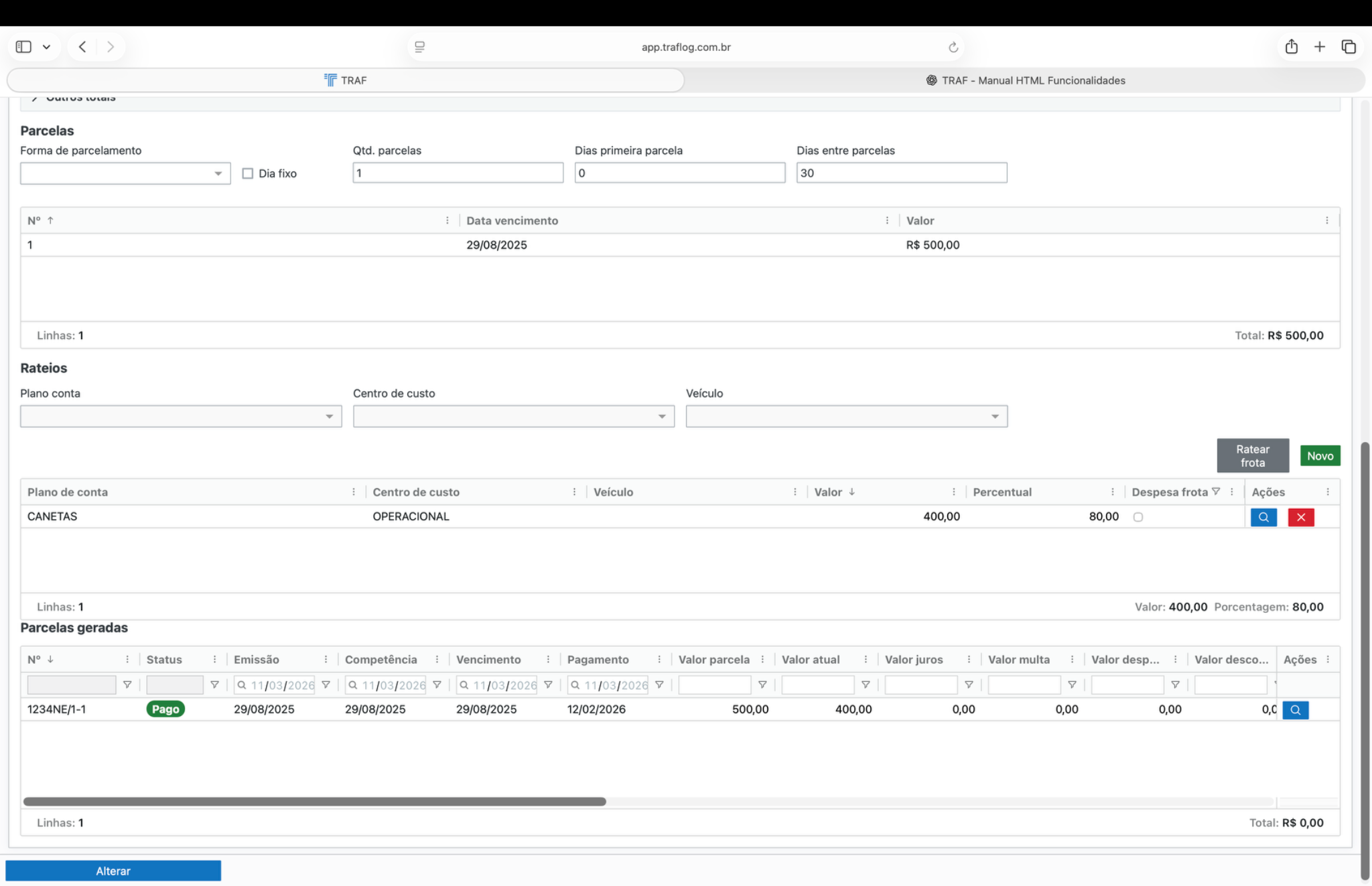 Parcelas, rateio e parcelas geradas do processo de entrada.