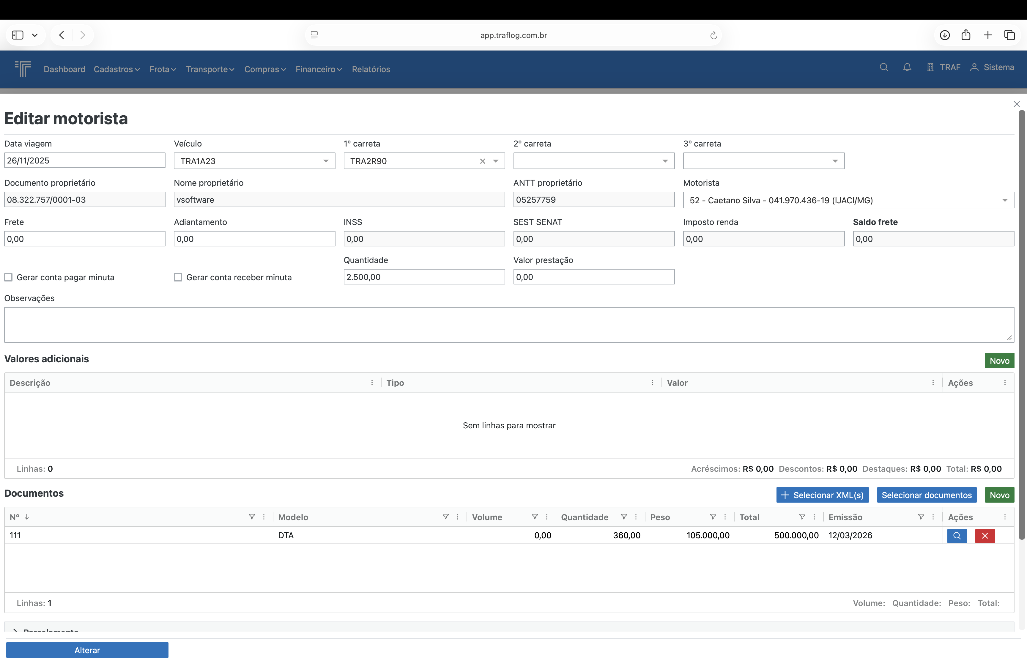 Edição de motorista da ordem de carregamento.
