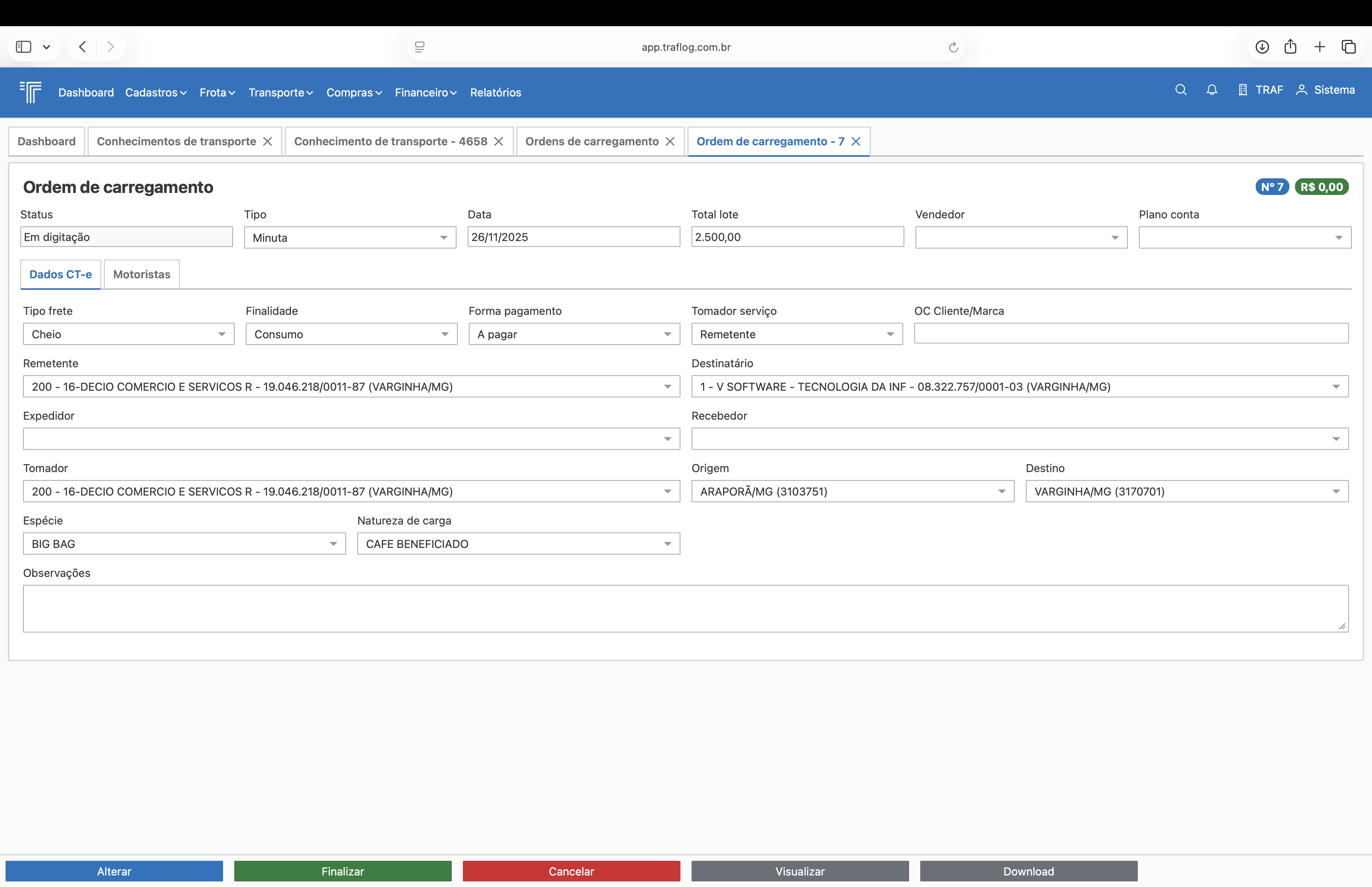 Ordem de carregamento - dados principais.