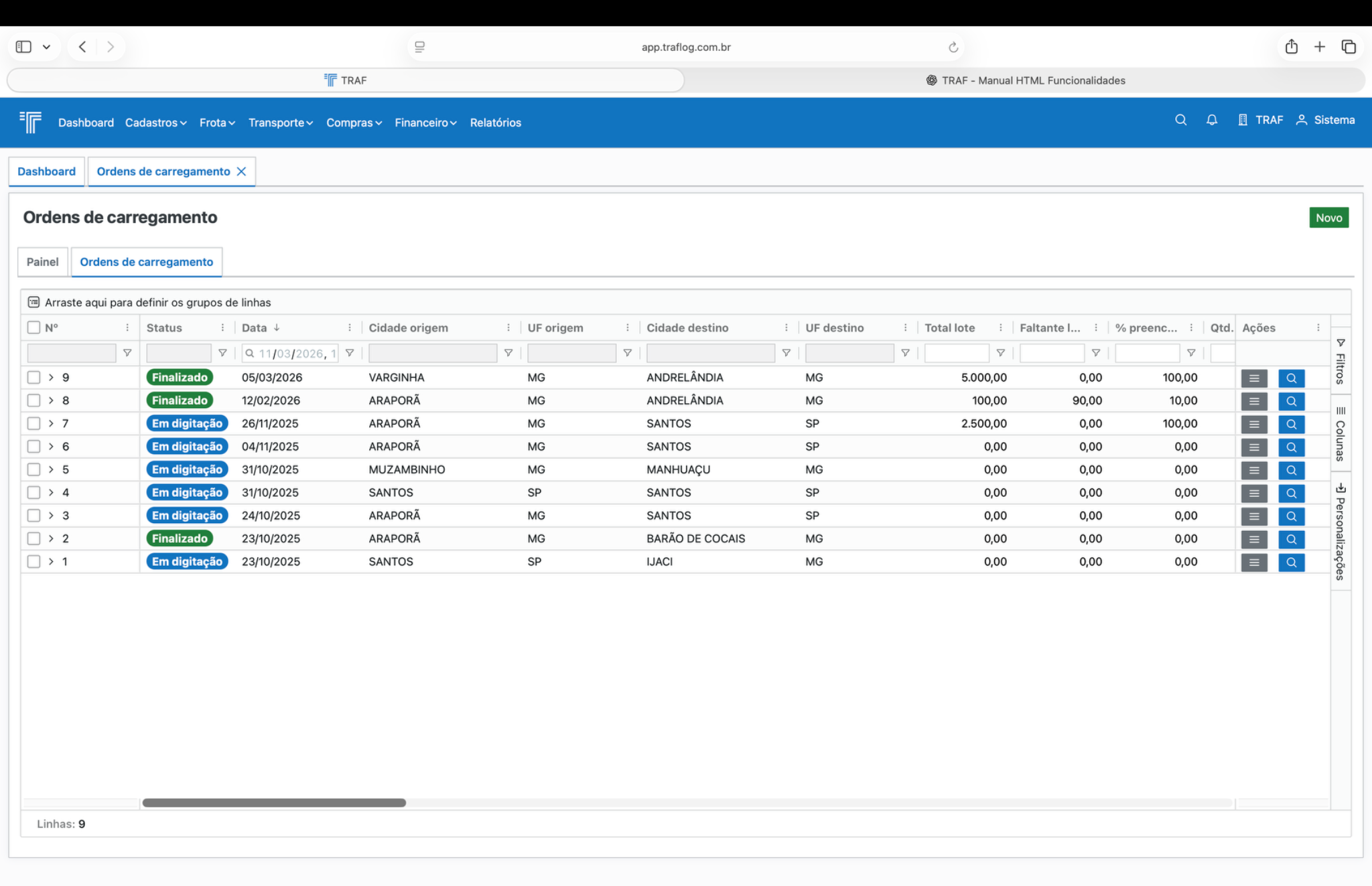 Listagem de ordens de carregamento.