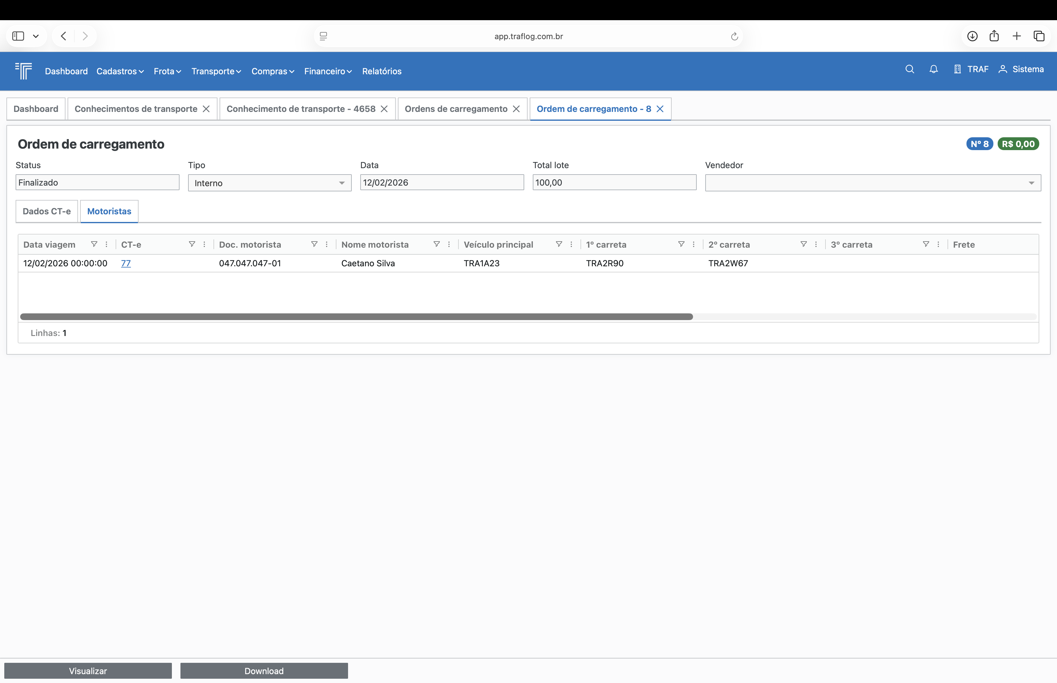 Ordem de carregamento - aba Motoristas.