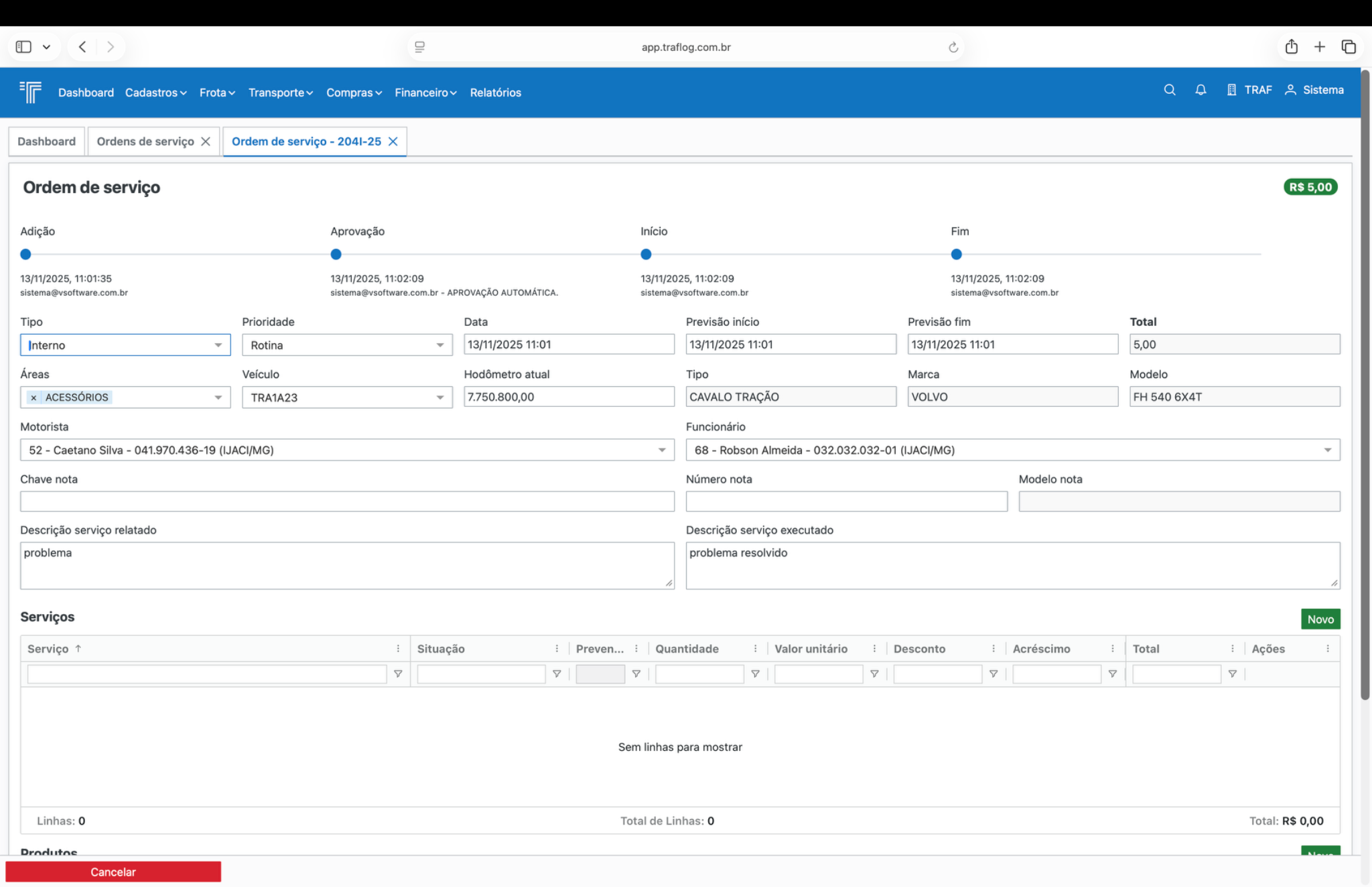 Detalhe da ordem de serviço.