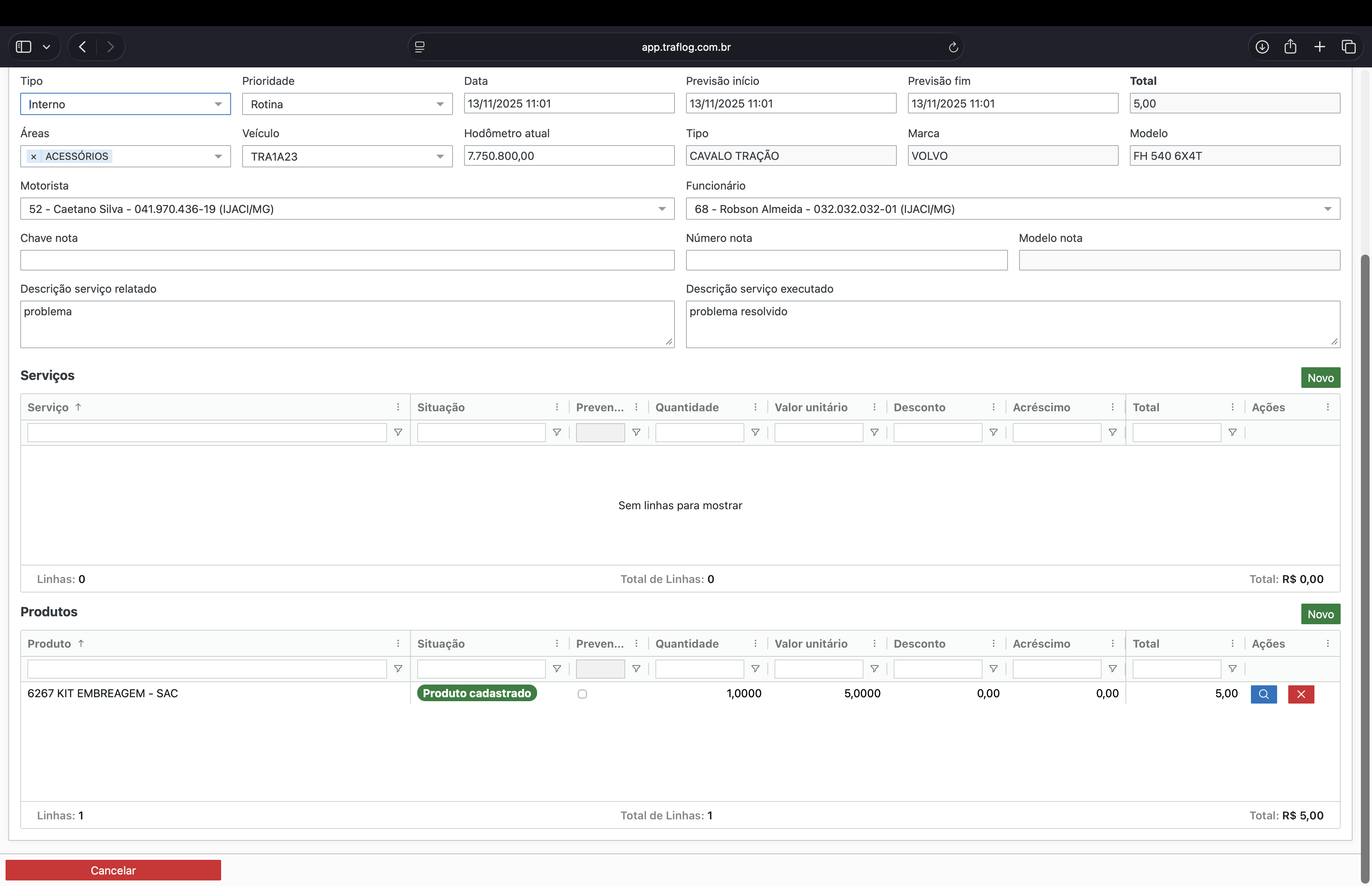 Itens/produtos relacionados à ordem de serviço.