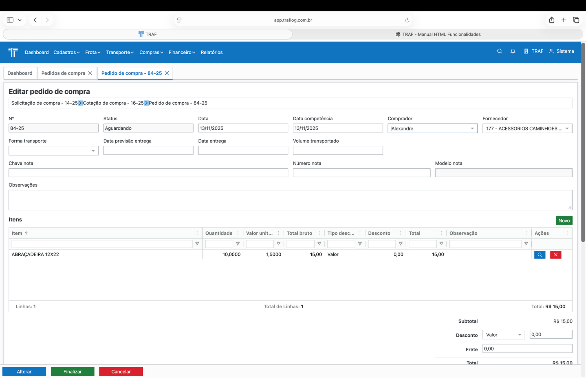 Detalhe do pedido de compra.