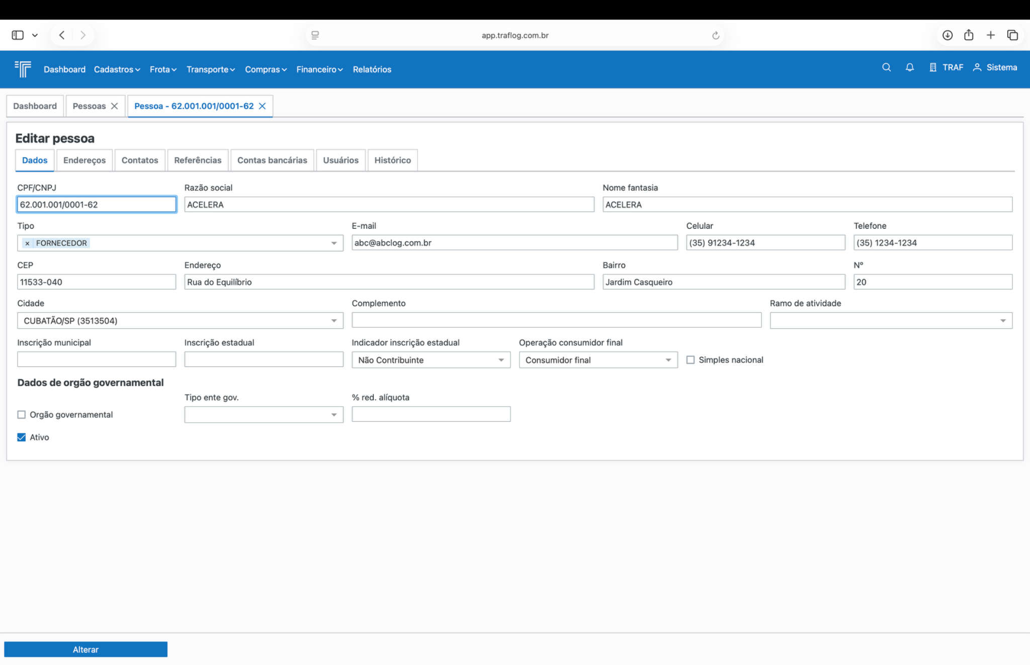 Tela de edição de pessoa com abas e campos principais.