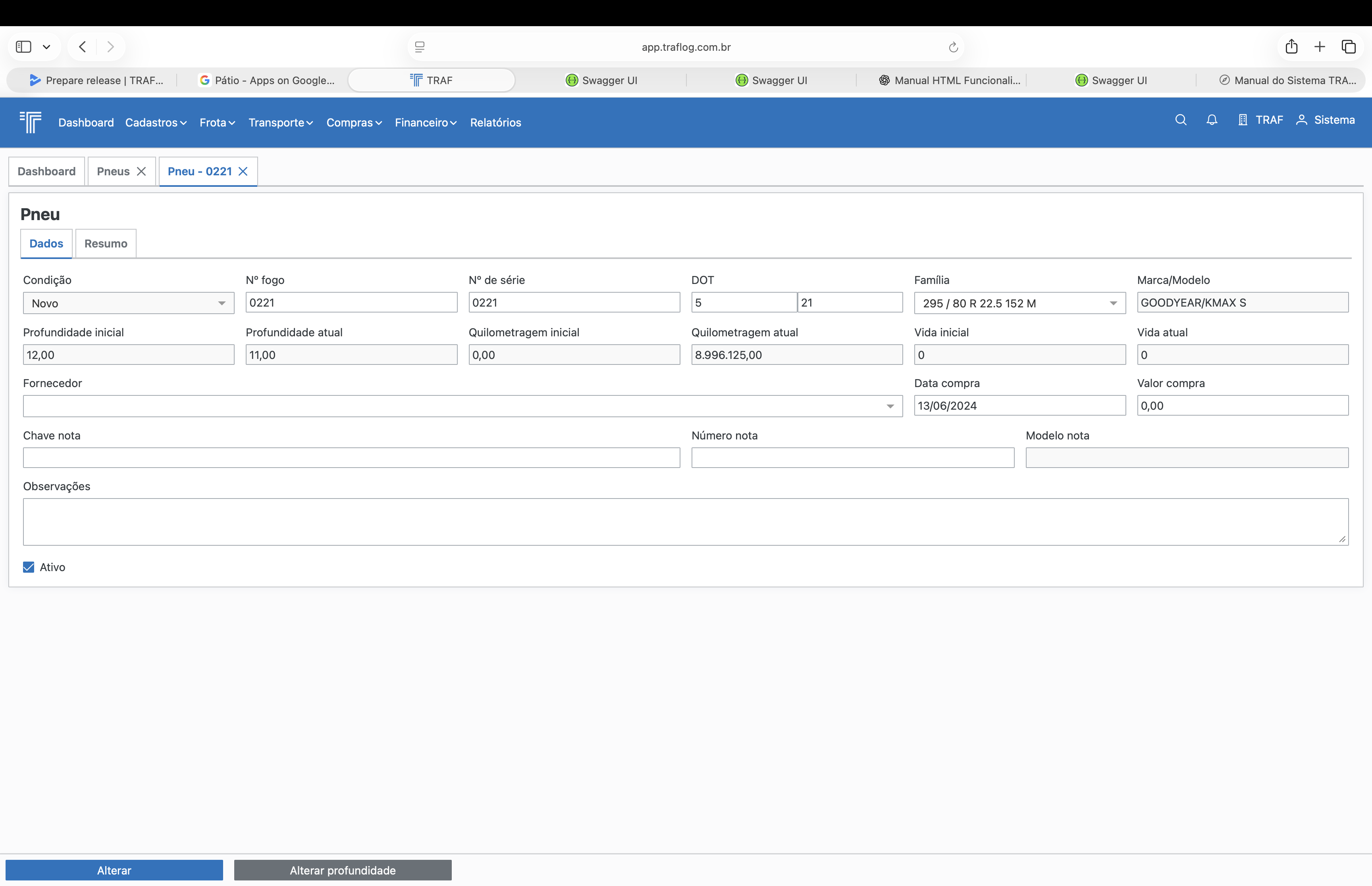 Cadastro/edição de pneu.