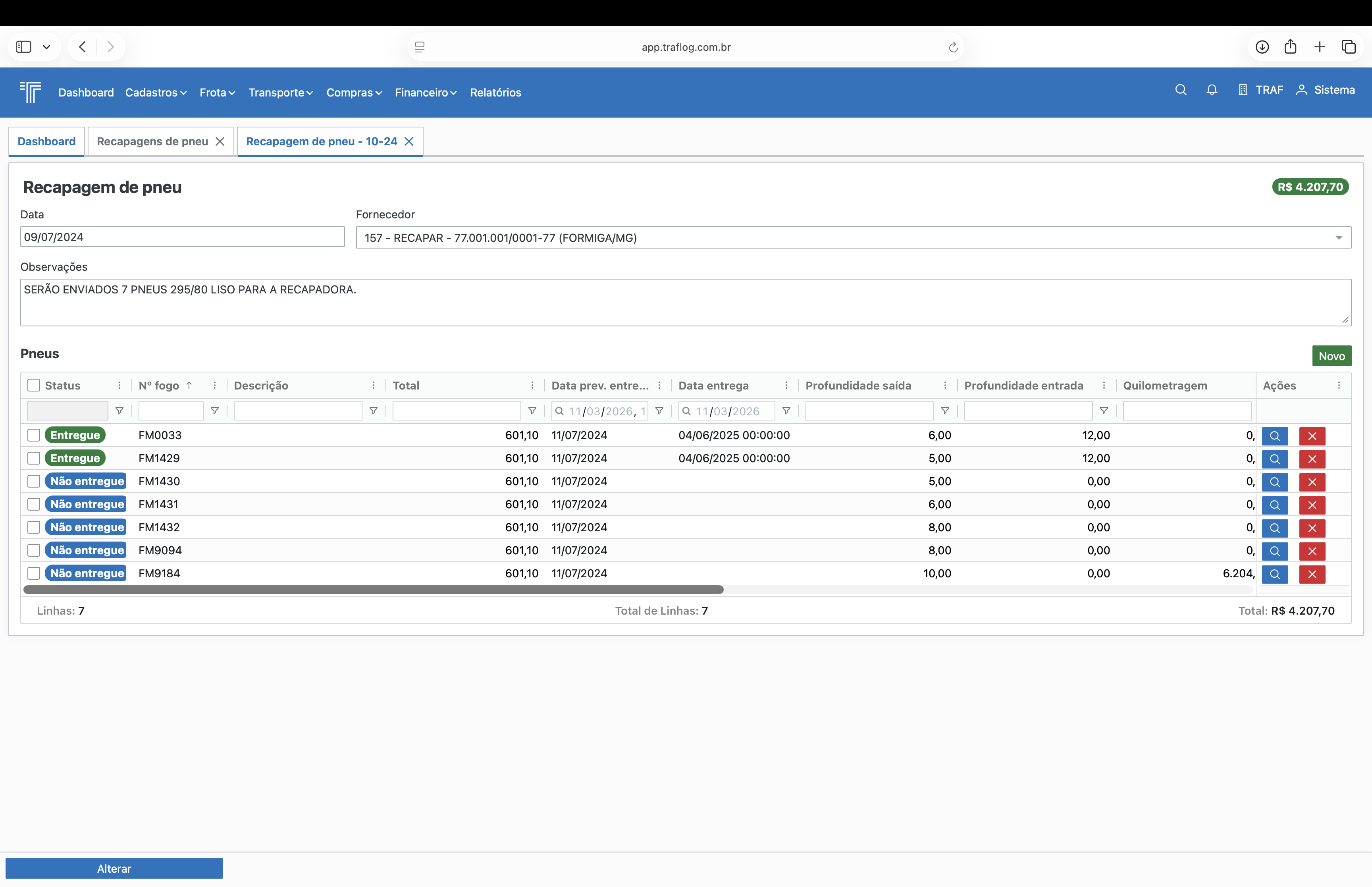 Detalhe da recapagem com pneus vinculados.