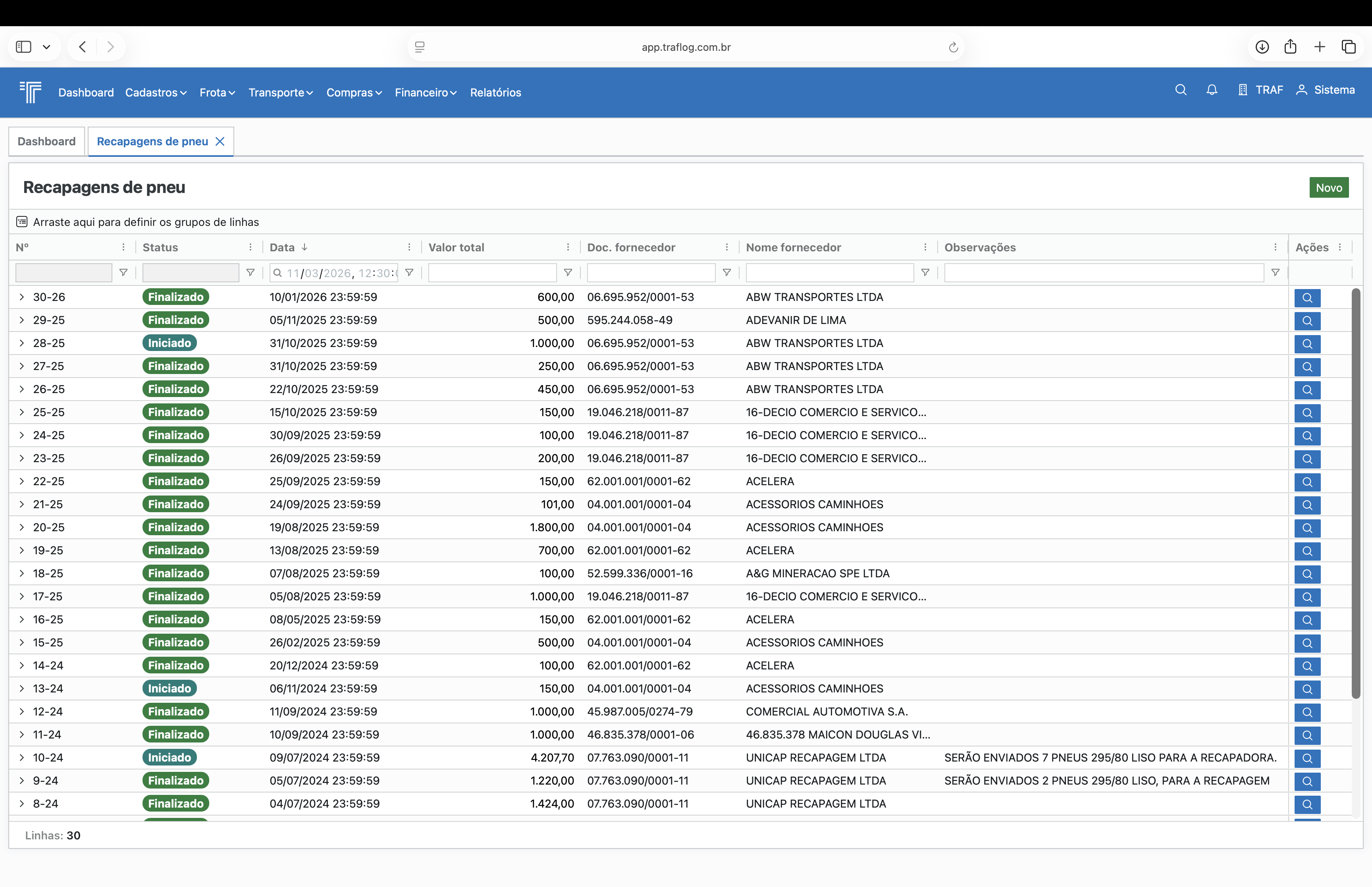Listagem de recapagens de pneu.