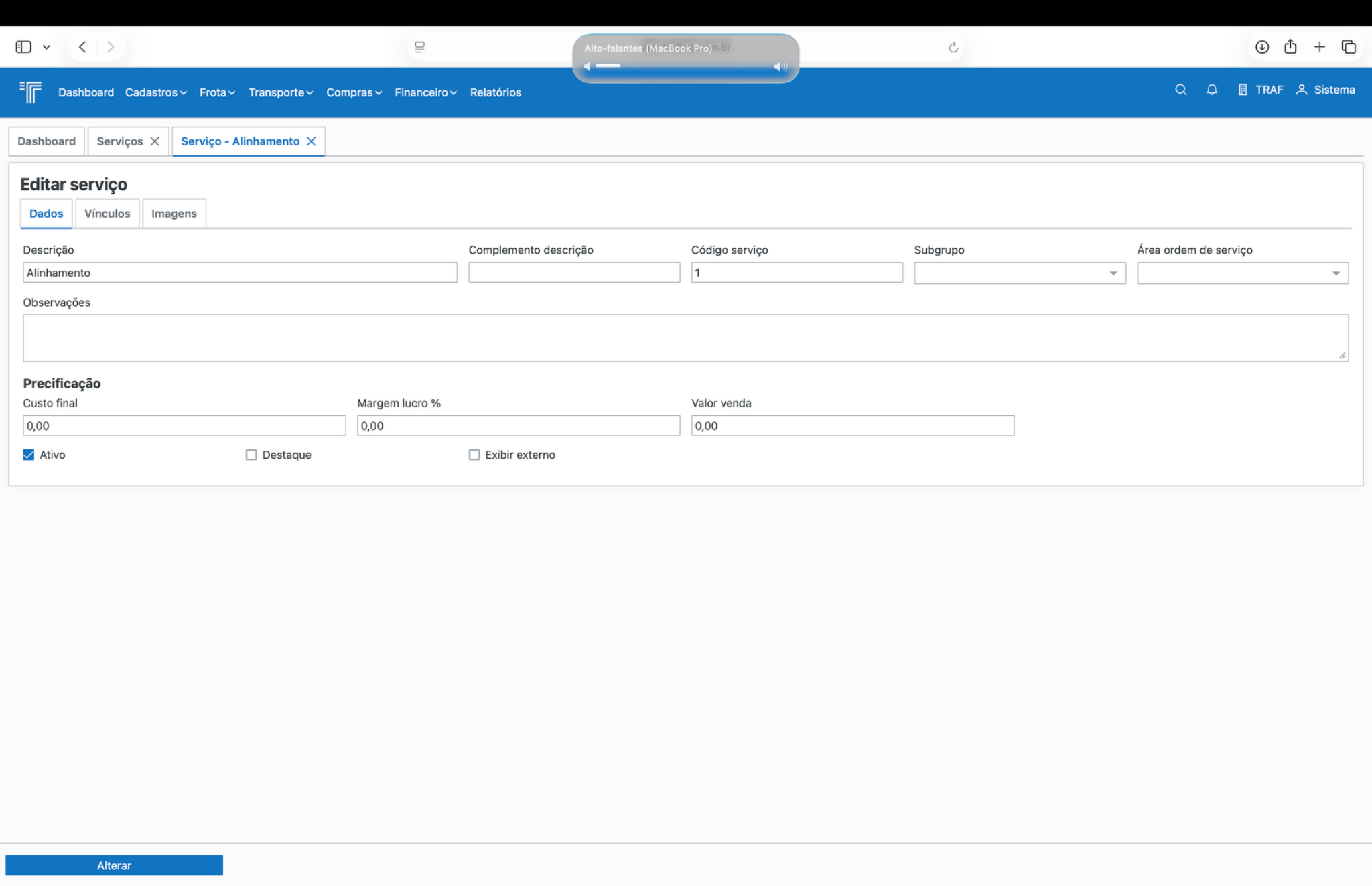 Cadastro de serviço.