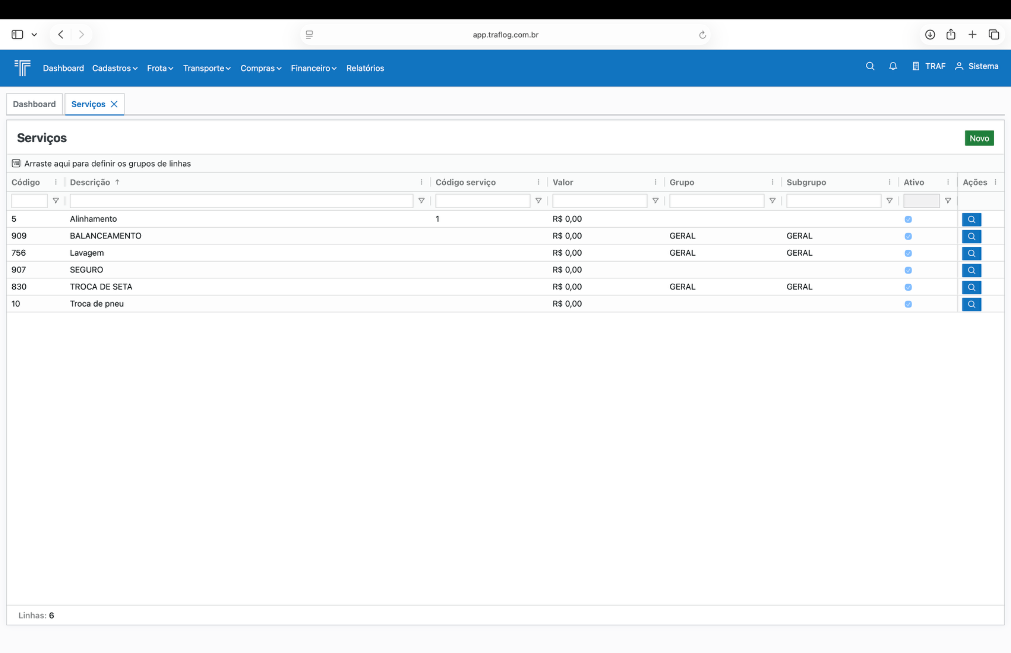 Listagem de serviços.
