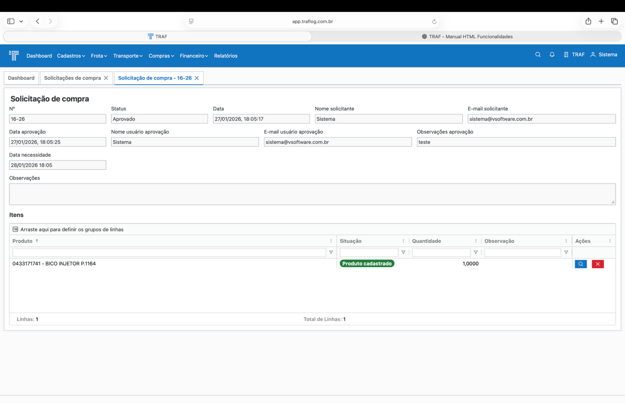 Detalhe da solicitação de compra.