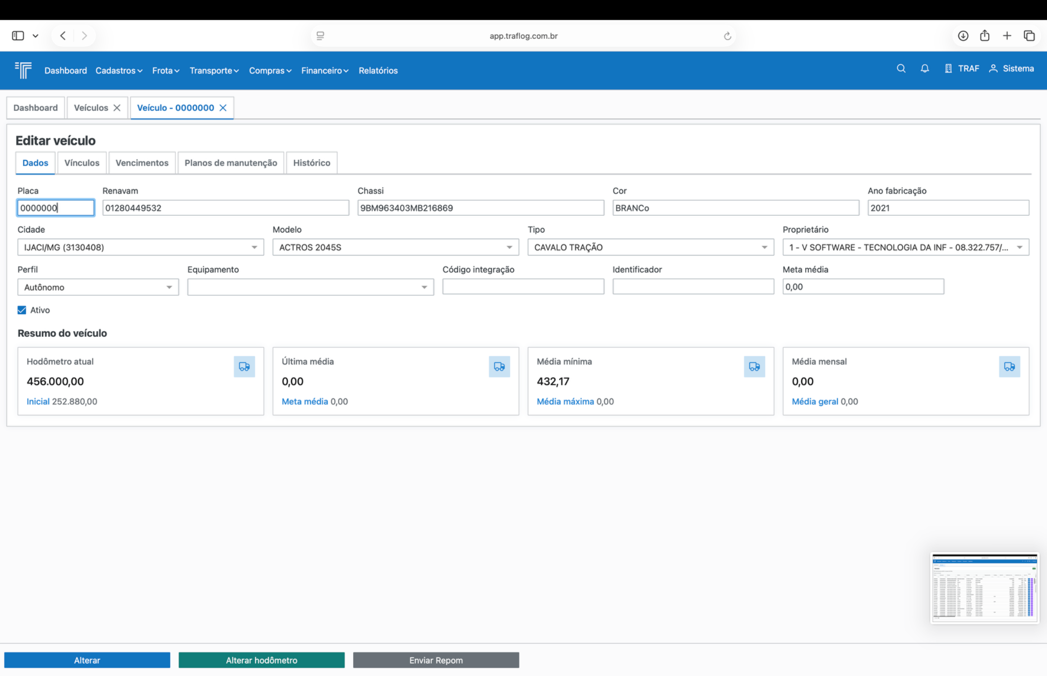 Cadastro de veículo - aba Dados.