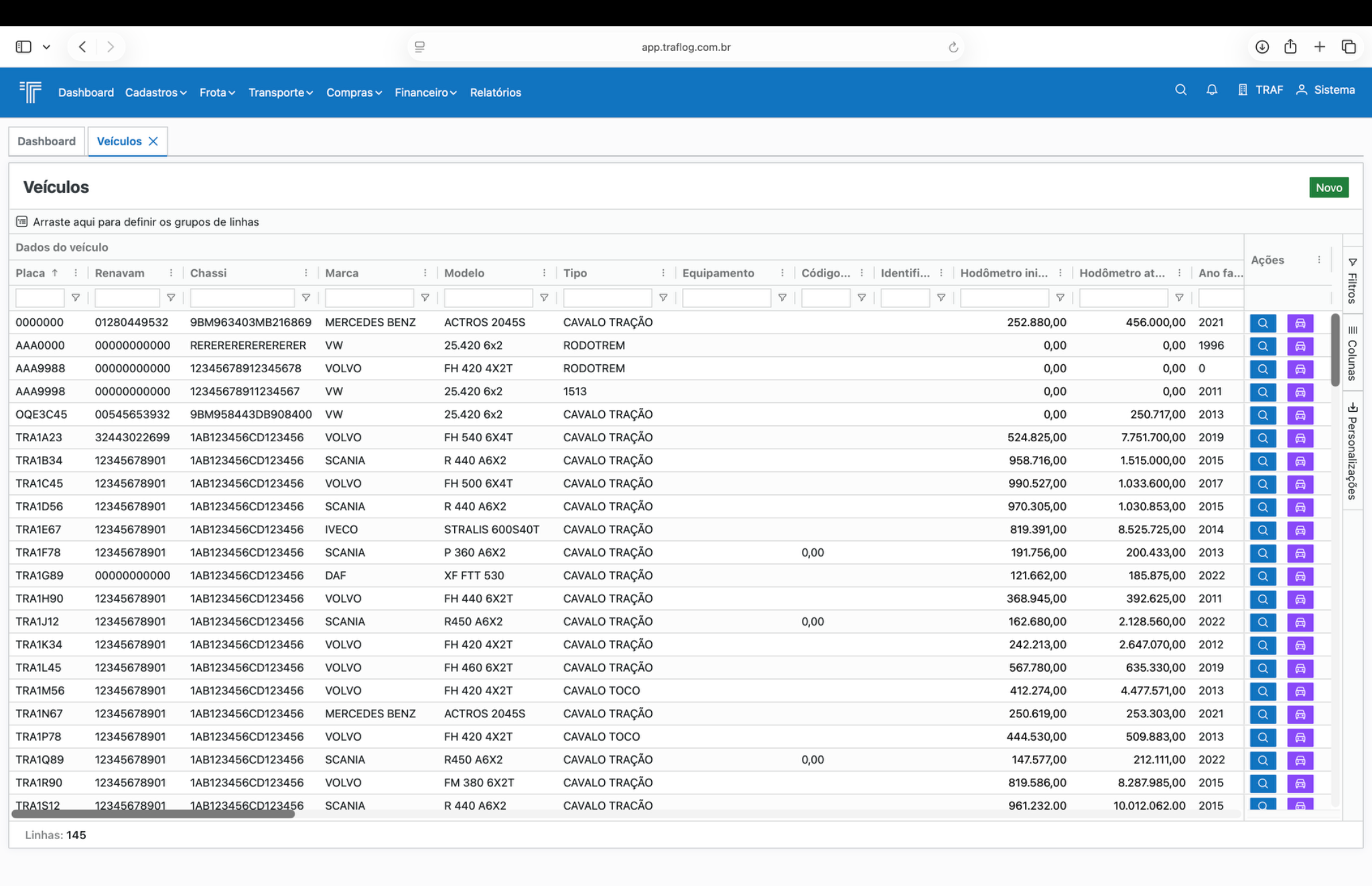 Listagem de veículos.