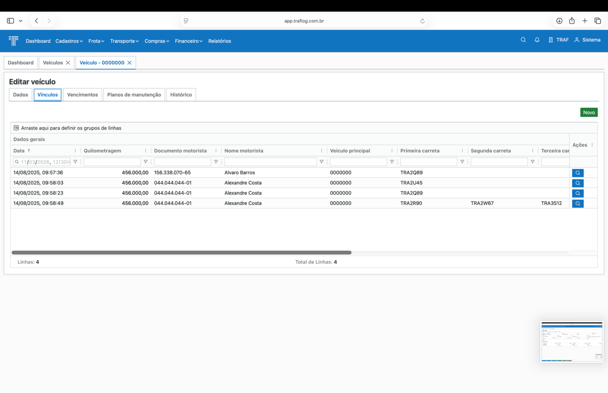 Cadastro de veículo - aba Vínculos.